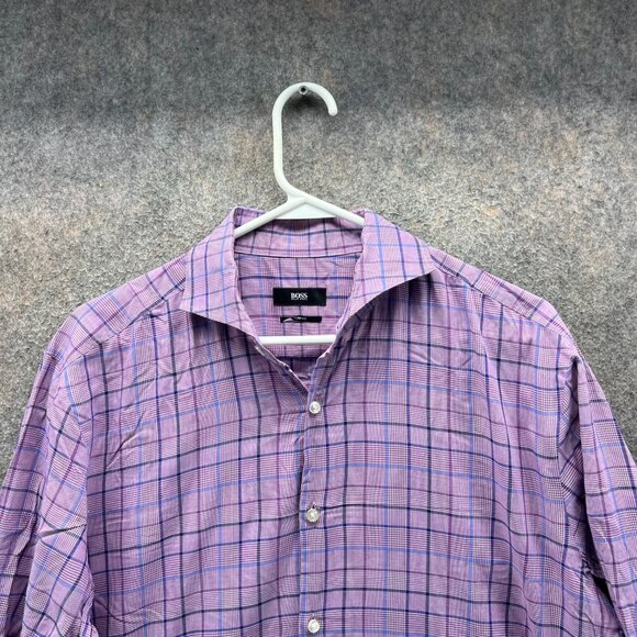 Hugo Boss Dress Shirt Men 16.5 42 Pink Button Down Windowpane Dress Slim Classic - Picture 8 of 10